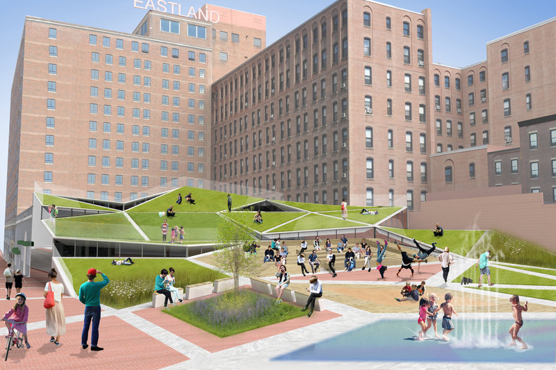 PRESENT Architecture, a New York City firm, has sketched a concept for Congress Square Park that would place a new event space and gallery below terraced lawns and outdoor seating.