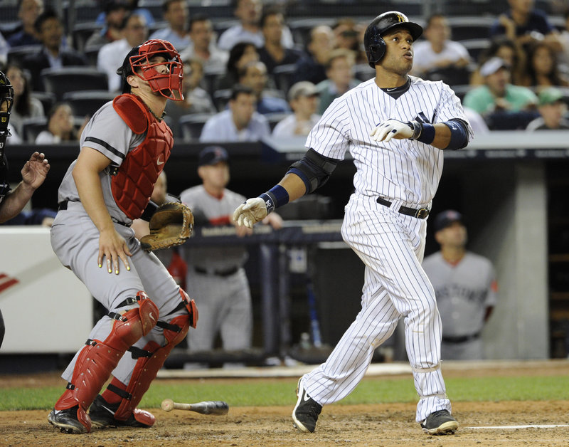 Thursday was a night for ball-watching, and Robinson Cano of the New York Yankees watched his two-run double in the third inning. The Red Sox catcher is Ryan Lavarnway. Boston lost a lead, then came back for a 9-8 victory in 10 innings.