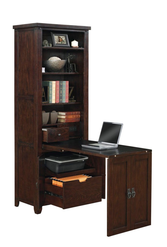 This “Murphy desk,” which slides out from bookshelves, is fromTwin StarInternational.