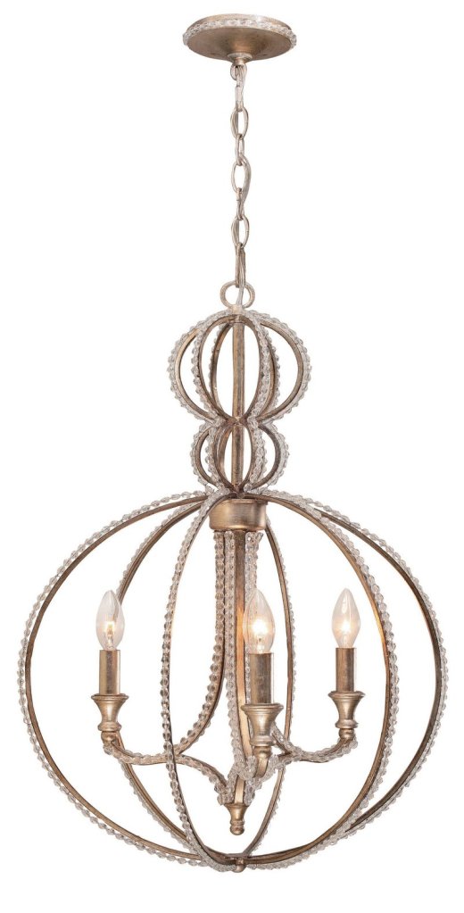 The complex gold finish on Crystorama’s Garland chandelier brings an updated look to a traditional shape.