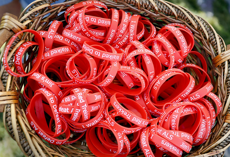 A basket holds wristbands worn by members of the Caldwell-Leskanic group during the Walk to Defeat ALS in Portland on Saturday. The group raised $17,000.