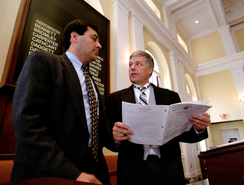 State Sens. Rick Bennett, left, and Mike Michaud work together during the legislative session in 2001-2002, when they shared power by dividing the term of Senate president.