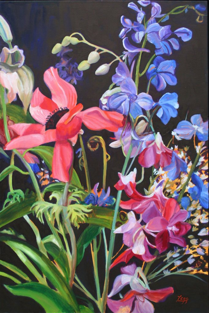 “A Bouquet is Born – (Rhapsody with Blue),” oil on canvas by Kennebunk artist Ann Legg, from “Bold Colors,” the exhibition of her work continuing through Sept. 26 at the Dogfish Bar and Grill in Portland.
