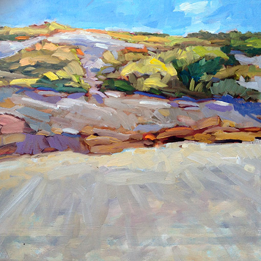 “Rocks at Trundy Point” by John Santoro from “New Works” at Elizabeth Moss Galleries in Falmouth.