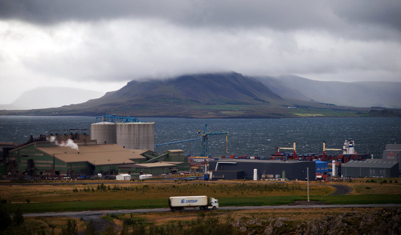 An Eimskip truck carrying a container of fresh lamb drives past the Hvalfjordur fjord in western Iceland on its way to Reykjavek on Tuesday. The container was put on the container ship Skogafoss, which left Reykjavik on Wednesday and is scheduled to arrive in Portland on Sept. 20.