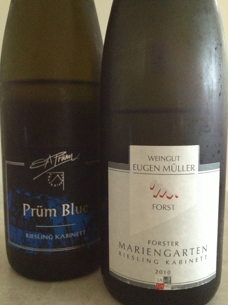 S.A. Prum Blue Kabinett 2007 exemplifies the positive effects of maturity on a Mosel Riesling. Eugen Muller Forster Mariengarten Kabinett from the Pfalz region pulls off a perfect balancing act.