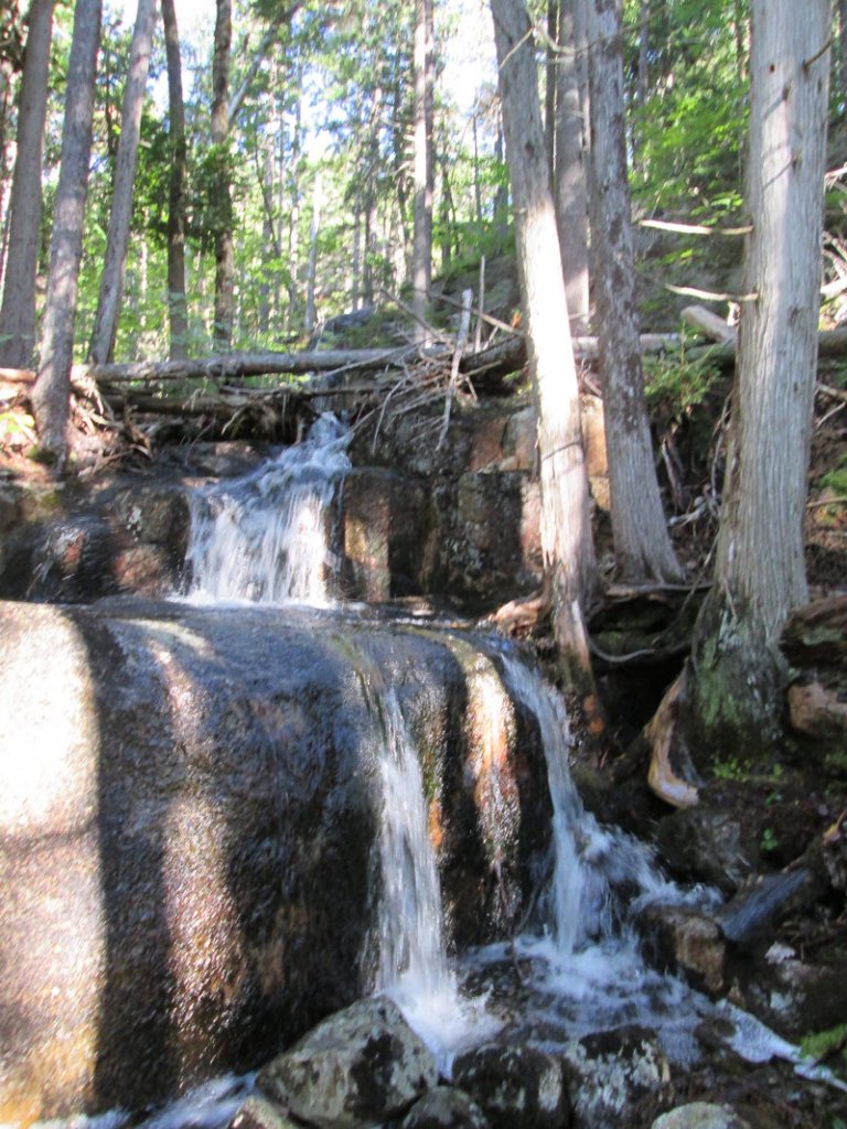 The summit trail rises over a series of ridges, by and across a couple of musical streams with one featuring a photogenic waterfall.