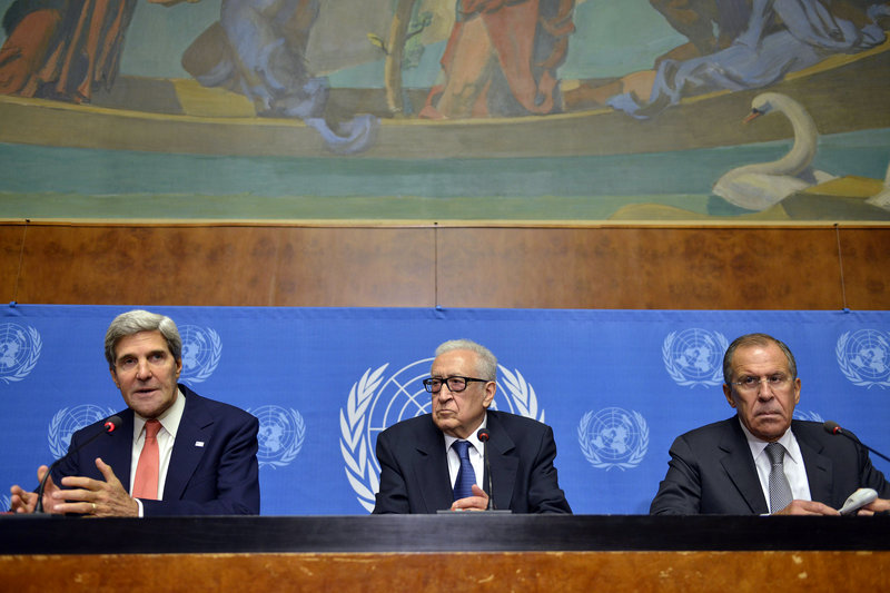 Secretary of State John Kerry, from left, U.N. Joint Special Representative for Syria Lakhdar Brahimi and Russian Foreign Minister Sergei Lavrov hold a news conference following a meeting in Geneva, Switzerland, on Friday.