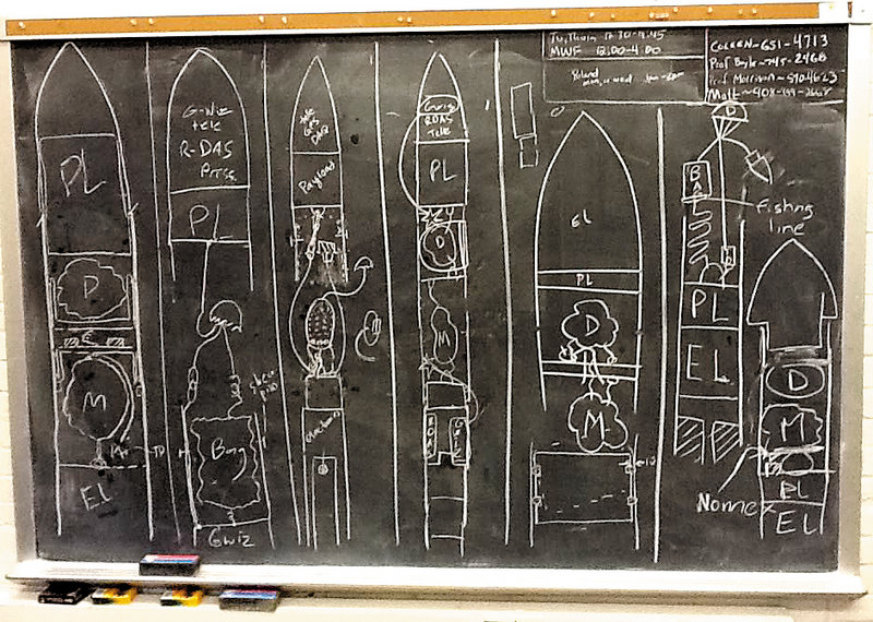 Team Ursa’s rocket project is shown in an early chalkboard concept from 2012.