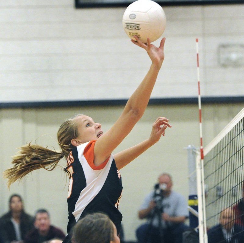 Biddeford’s Bailey Cote, seen in the Class A tournament last year, has moved from her former middle hitter position to the outside this year.