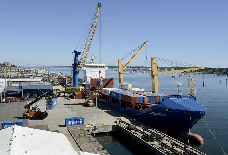 The steamship line Eimskip loads containers on a ship at the International Marine Terminal in Portland last week. The company’s routes connect to ports in Canada and Europe.