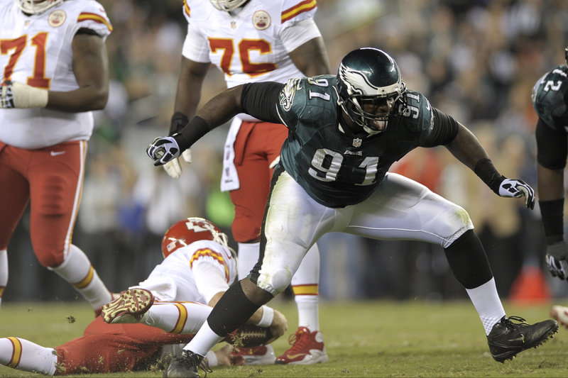 Philadelphia’s Fletcher Cox reacts after tackling Kansas City quarterback Alex Smith on Thursday night. Smith and the Chiefs had the last laugh, cruising to a 26-16 win.