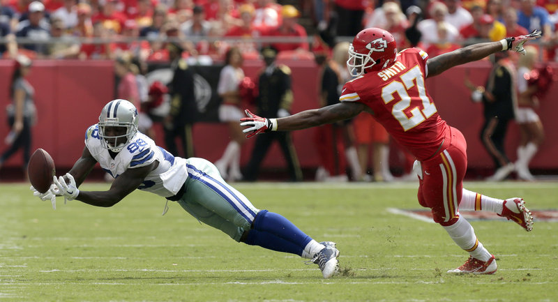 The Associated Press Dallas receiver Dez Bryant caught nine passes last week, but a couple drops, including this one with Sean Smith defending, might have cost the Cowboys the game.