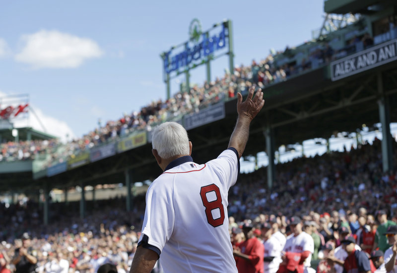 Living legend Carl Yastrzemski acknowledges the Fenway faithful prior to Sunday’s game with Toronto, which was preceded by the unveiling of a statue depicting Yaz’s final at-bat in September 1983.