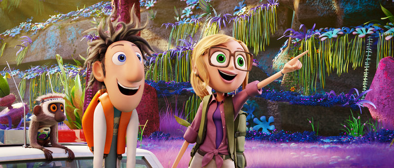 Steve the Monkey, voiced by Neil Patrick Harris; Flint Lockwood, voiced by Bill Hader; and Sam Sparks, voiced by Anna Faris, in a scene from “Cloudy with a Chance of Meatballs,” opening this week.