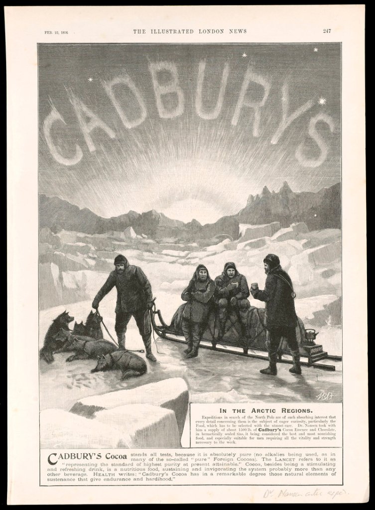 “In the Arctic Regions,” Cadbury’s cocoa advertisement from the Illustrated London News (London, Feb. 22, 1896), is part of the Osher exhibition that includes maps, books, charts, photos and other artifacts spanning the recorded history of polar exploration.