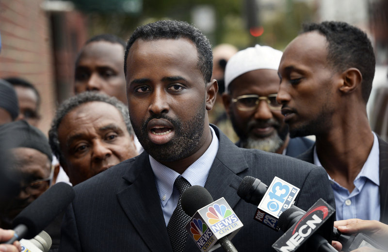 Abdullahi Ahmed, a science teacher at Deering High School and a member of the local Somali community, speaks with the press after a meeting with Congresswoman Chellie Pingree at the Islamic Society of Portland on Tuesday, Sept. 24, 2013.