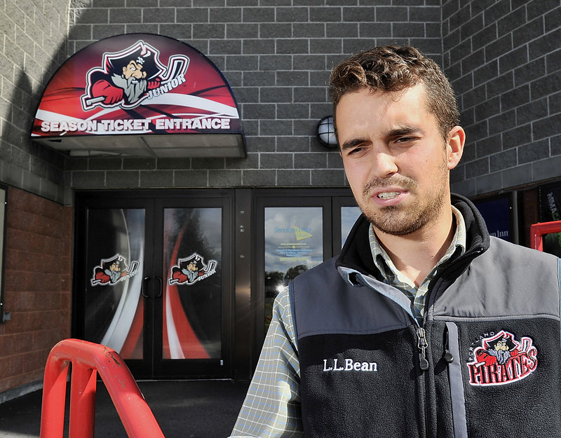 Christian Ouellette of Lewiston is the account executive for Pirates ticket sales and hopes the excitement of the whole season being played in Lewiston – as well as lower ticket prices for season tickes – will help the Colisee sell out on a nightly basis.