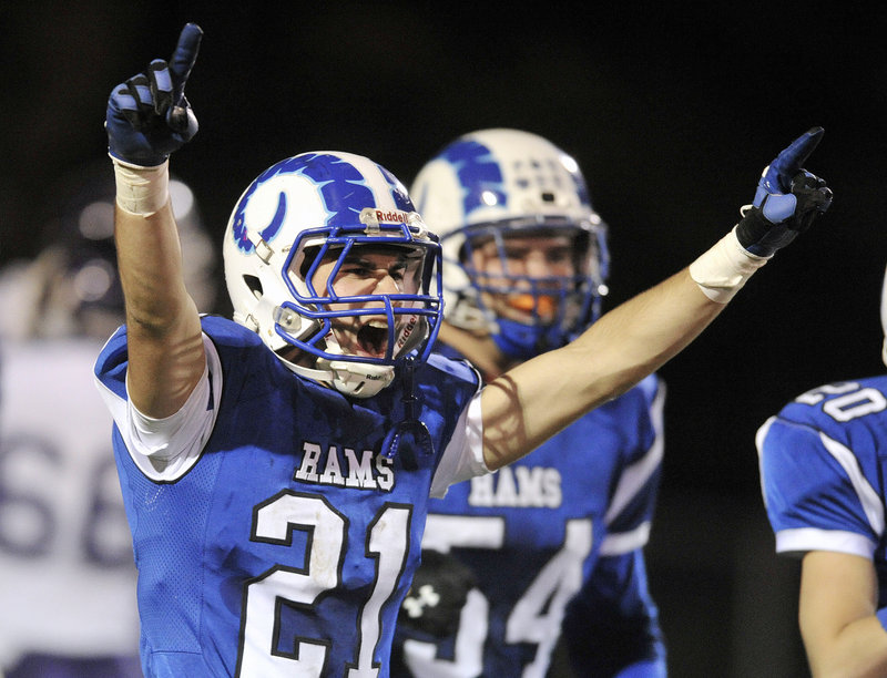 There was plenty to cheer about Friday night for Kennebunk, including a first-half safety in the 21-14 victory against Marshwood. Jesse Shields shows his emotions.