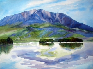 “Silent Grandeur” is what Evelyn Dunphy named this depiction of Mt. Katahdin, which she’s only painted from afar but where she feels an emotional connection.