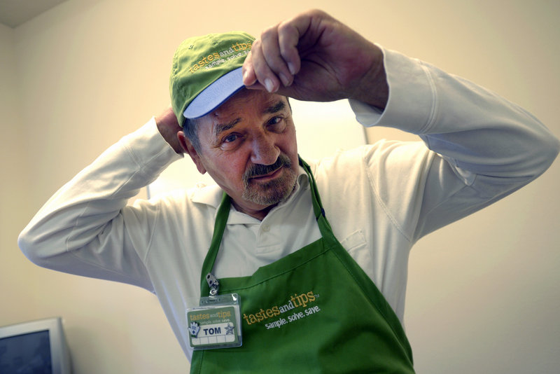 Tom Palome, 77, earns $10 an hour as a food demonstrator at Sam’s Club.