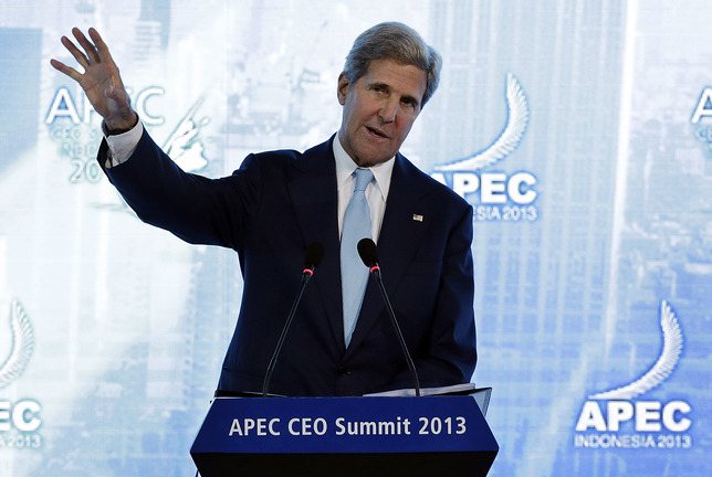 U.S. Secretary of State John Kerry delivers his keynote address at the Asia-Pacific Economic Cooperation CEO Summit in Bali, Indonesia, on Monday. Kerry is seeking to assure Asia-Pacific business leaders that nothing will shake America’s commitment to the region and that the current government shutdown in Washington will soon be over and forgotten.