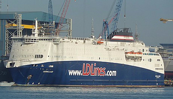 The Norman Leader is shown tied up at a dock at the Singapore shipyard where it was built. The ferry, which has been renamed the Nova Star, will be used to travel between Maine and Nova Scotia, Canada.