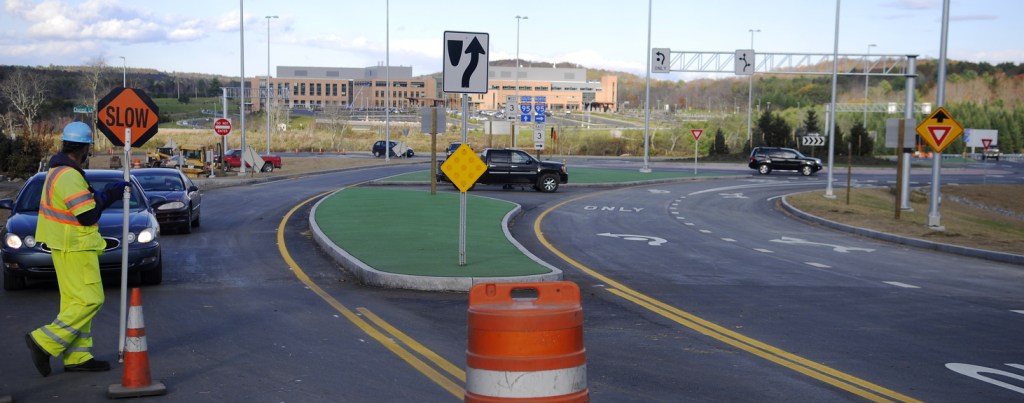 ROUND: The new traffic roundabouts on either side of Interstate 95 in Augusta opened Monday.