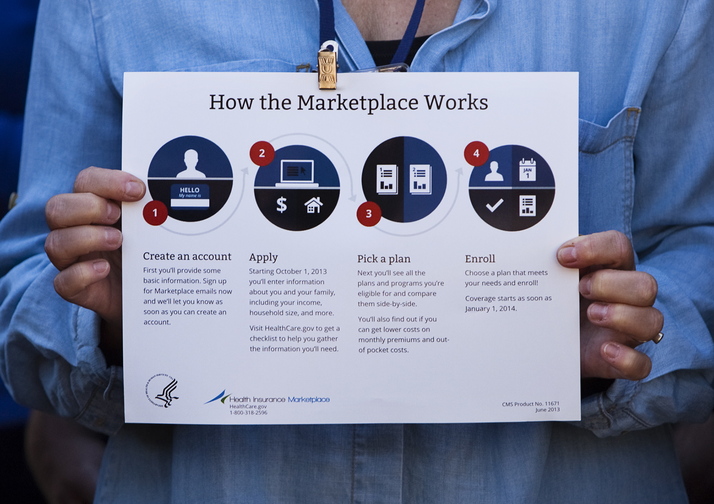 Carl D. Walsh/Staff Photographer With the health insurance marketplace open for business, an attendent at an informational event at Bell Buoy Park in Portland on Tuesday, October 1, 2013, holds a graphic explaining how the new marketplace works.