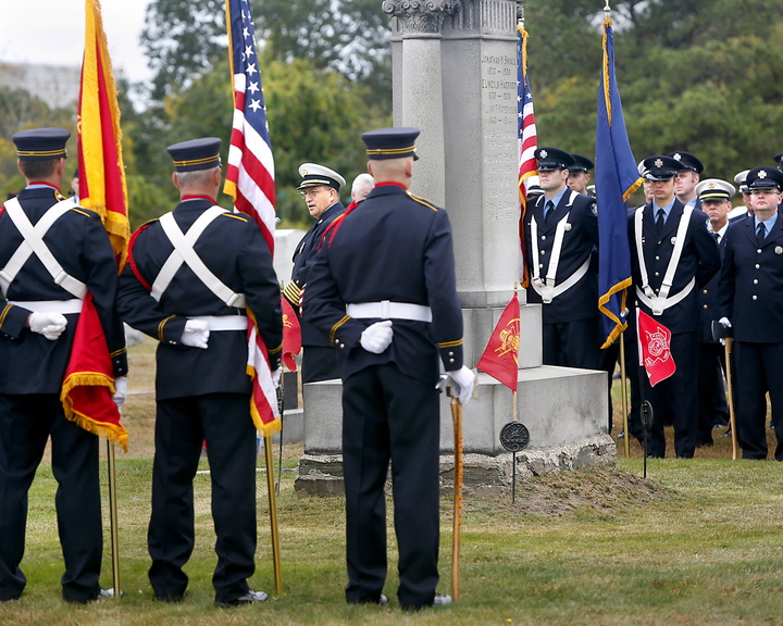Portland Fire Chief Jerome LaMoria talks about the service firefighters provide during the Portland Veteran Firemen’s Association memorial service at Forest City Cemetery in South Portland on Sunday.