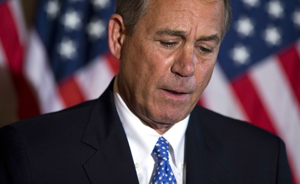 Speaker of the House Rep. John Boehner, R-Ohio, pauses during a news conference on the ongoing budget battle outside his office on Capitol Hill on Tuesday. Whether it’s Republican John Boehner, the House speaker, or Democrat Harry Reid, the Senate majority leader, anyone associated with the shutdown is getting poor marks in the poll. Both earned a favorability ratings of just 18 percent.