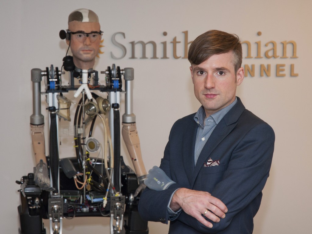 Bertolt Meyer, a 36-year-old social psychologist at the University of Zurich who was born without a lower left arm, served as a model for an advanced artificial man, which will be featured in a Smithsonian Channel original documentary, “The Incredible Bionic Man.” The program airs at 9 p.m. Oct. 20.