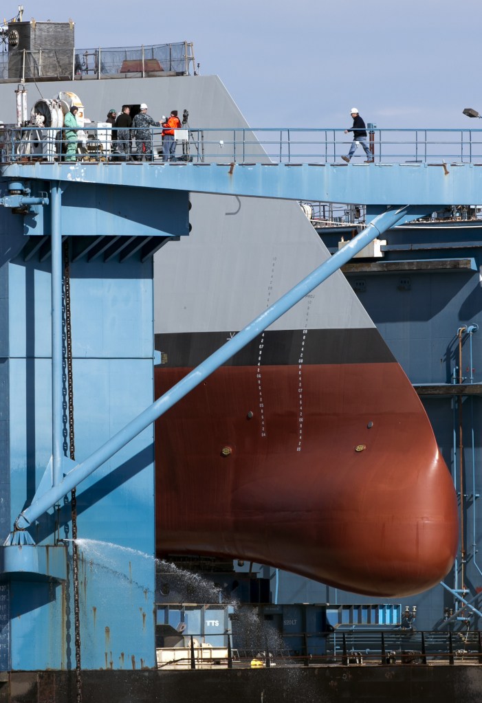 Like a giant nose, the forward hull body of the first-in-class Zumwalt, the largest U.S. Navy destroyer ever built, is seen in dry dock Monday in Bath. Unlike warships with towering radar- and antenna-laden superstructures, the Zumwalt will ride low to the water to minimize its radar signature, making it stealthier than others.