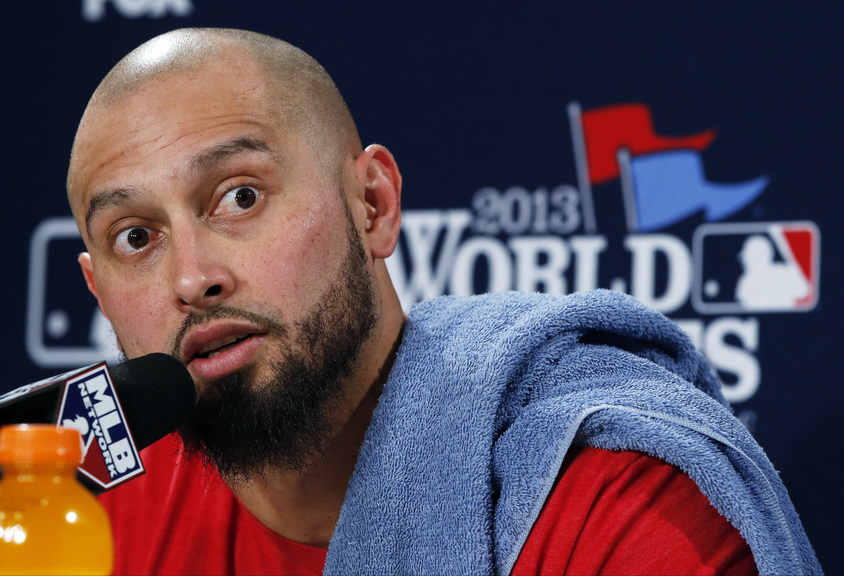 Boston Red Sox’s Shane Victorino answers a question during a news conference before Game 6 of baseball’s World Series against the St. Louis Cardinals Wednesday, Oct. 30, 2013, in Boston.