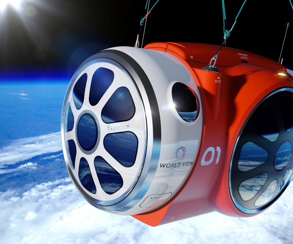 An artist’s rendering provided by World View Enterprises shows the design for a capsule carrying people willing to pay $75,000 to spend a couple of hours looking down at Earth. The Associated Press