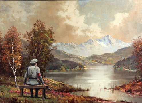 “The banality of the banality of evil” is Banksy’s title for a painting he added a Nazi soldier to after buying the pastoral scene at a thrift shop. It will be resold to benefit a charity.