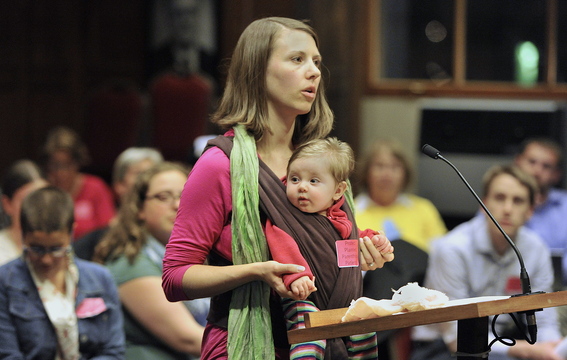 Mandy Boger, who works at Planned Parenthood in Portland, speaks Tuesday night at City Hall in favor of a buffer zone.
