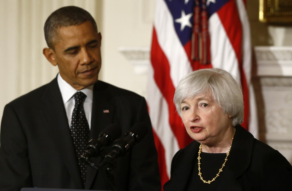 President Barack Obama listens as Janet Yellen, vice chair of the board of governors of the Federal Reserve System, speaks at the White House in Washington on Wednesday, when the president announced he is nominating Yellen to chair the Federal Reserve, succeeding Ben Bernanke.