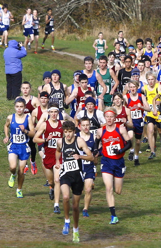 Up a hill they go, the runners in the Western Class B meet Saturday at Twin Brook. Liam Simpson of Cape Elizabeth was the Class B winner, joining Ryan Cadorette of Thornton Academy in Class A and Josef Holt-Andrews of Telstar in Class C as champions.