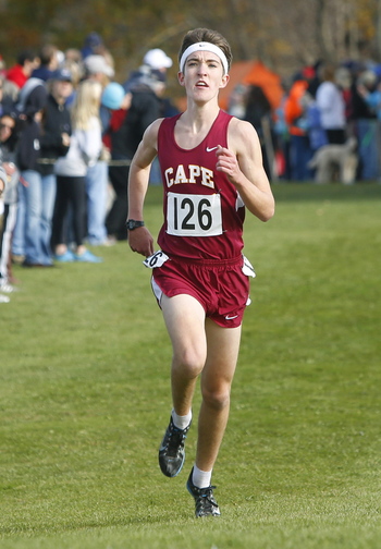 Liam Simpson of Cape Elizabeth heads to the finish line to win in Class B and no, it wasn’t easy. “I was dying. The last 800 or so was excruciating,” he said.
