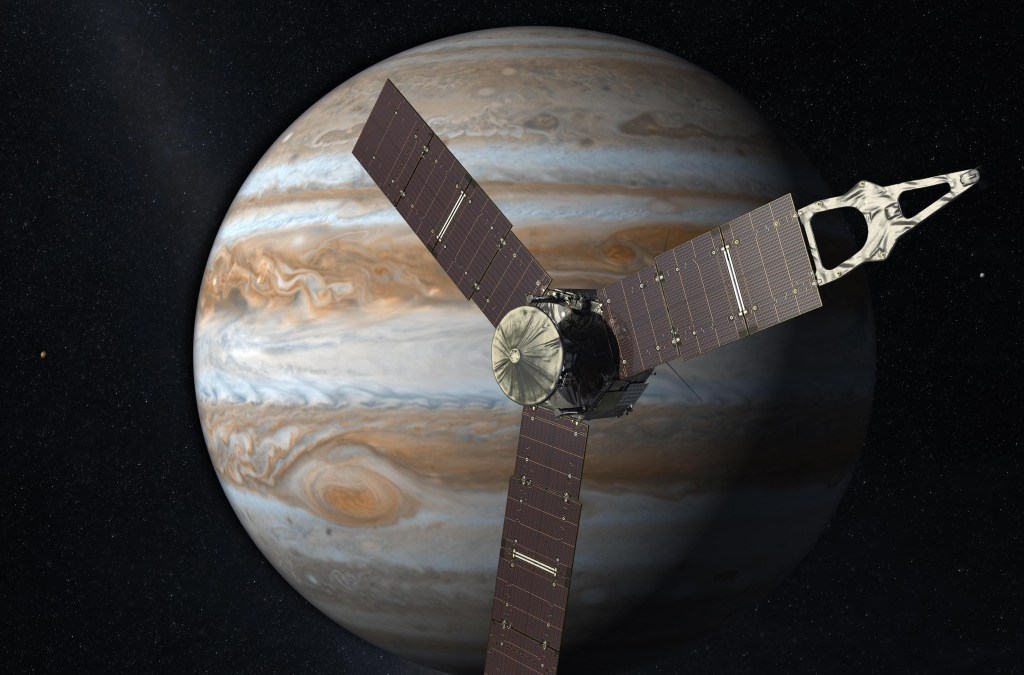 A 2010 artist’s rendering depicts NASA’s Juno spacecraft with Jupiter in the background.
