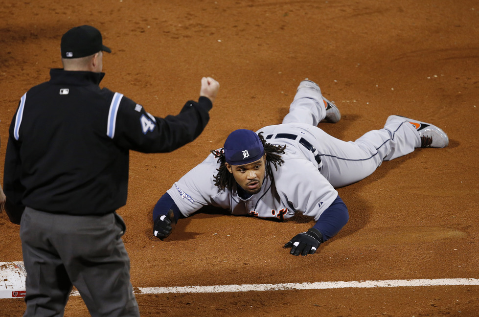 Third base umpire Ron Kulpa signals an out by Detroit Tigers first baseman Prince Fielder in the sixth inning Saturday.