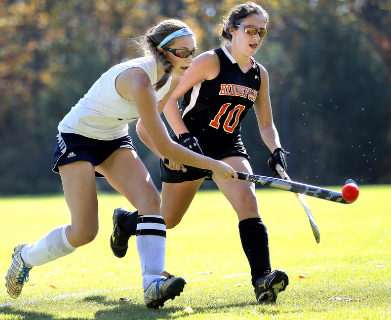 Katie Berry of Westbrook tries to control the ball in front of Jessica Laverriere of Biddeford. Westbrook won 1-0 and will meet Massabesic in the quarterfinals Wednesday.