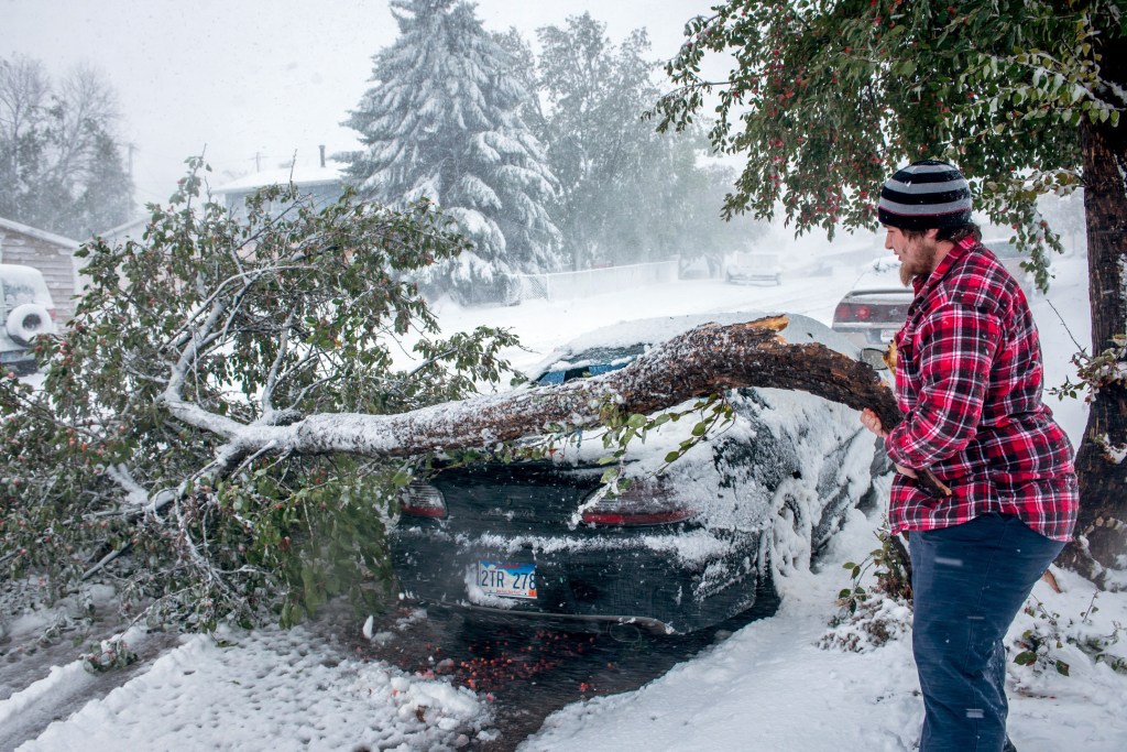 Zack Ruml, 20, of Rapid City, S.D, lifts a heavy crab apple tree branch off of his 1998 Pontiac Gran Prix on Friday. The branch smashed the rear window and dented the trunk of the car. Trees in the city are still fully leaved and the heavy snow is breaking trees throughout the city. Blizzards rolled into parts of Wyoming and South Dakota on Friday, bringing the snow-savvy states to an unseasonably early winter standstill.
