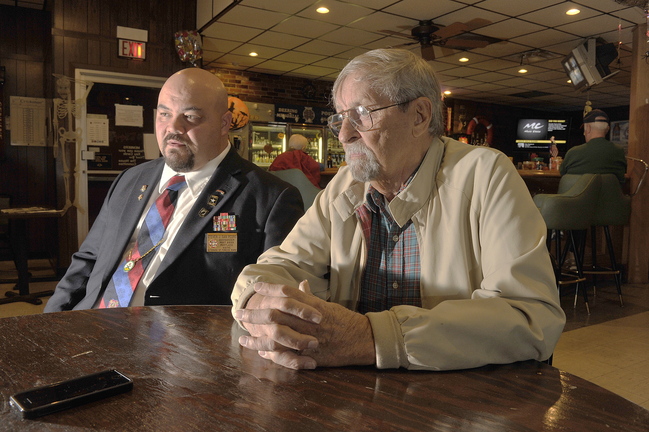 Maine has more veterans per capita than most states and well as one of the highest percentage’s of people over age 65 and relying at least in part on Social Security benefits. Portland VFW Post 6859 Commander Steve San Pedro (left) and member Norm McLeod, 84, of Portland, discuss their concerns about financial issues should the Congress fail to compromise.