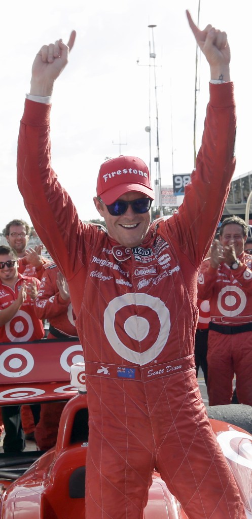 Scott Dixon of New Zealand celebrates after winning the first IndyCar Grand Prix of Houston auto race earlier this month.