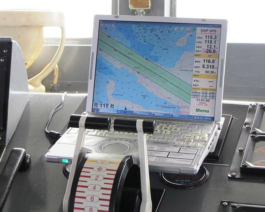 A computer displays an electronic nautical chart aboard a ship.
