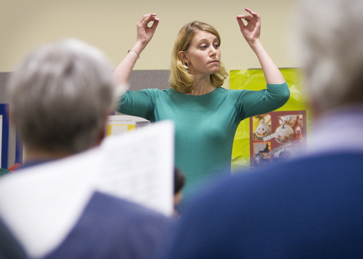 Emily Isaacson, the new director of the Oratorio Chorale, directs the chorus furing practice at the Mid-Coast Presbyterian Church in Topsham on Sunday, March 13, 2013