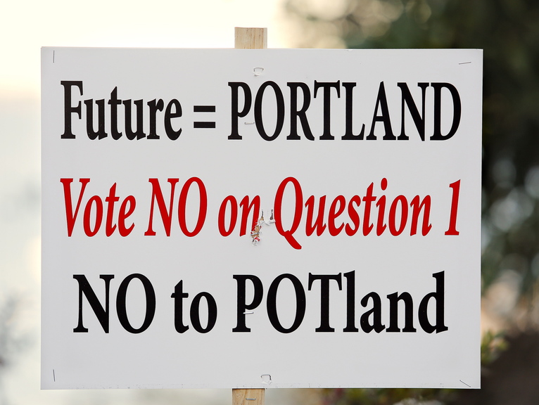 This sign on the Eastern Promenade, and others on Washington Avenue, take a stand against the Portland pot initiative.
