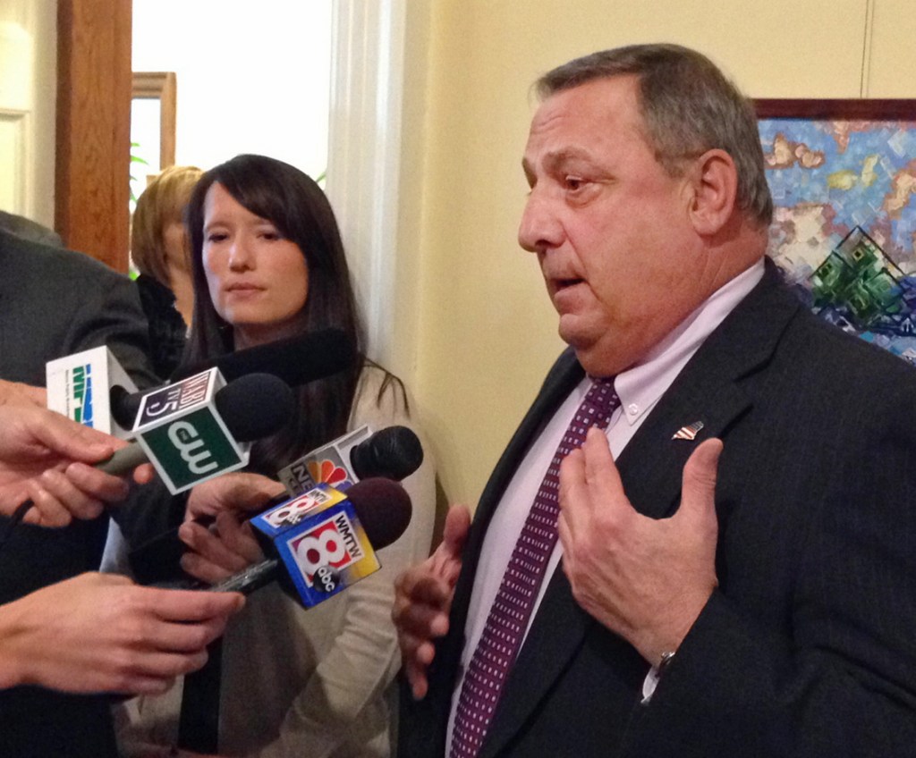 Gov. Paul LePage speaks to the media after a meeting he held with Democratic leaders in Augusta on Thursday to discuss his reasons for declaring a civil emergency because of the federal government shutdown.
